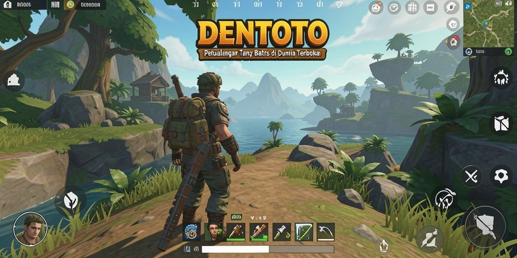 Screenshot gameplay DENTOTO menampilkan eksplorasi dunia terbuka yang indah.