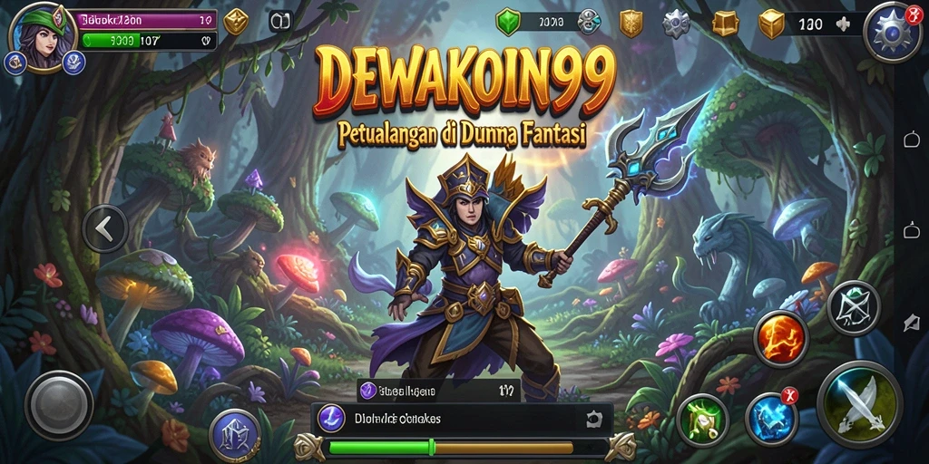 Tangkapan layar DEWAKOIN99 menunjukkan karakter yang menjelajahi dunia petualangan yang megah.