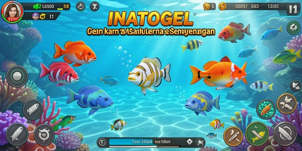 Screenshot menunjukkan aksi seru dalam menangkap ikan di INATOGEL.