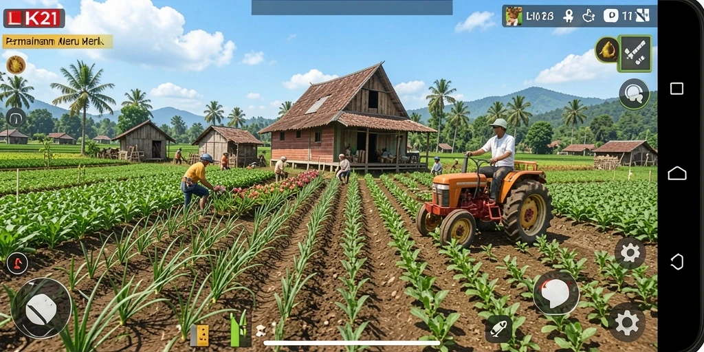 Tampilan gameplay LK21 dengan aktivitas pertanian yang menarik.