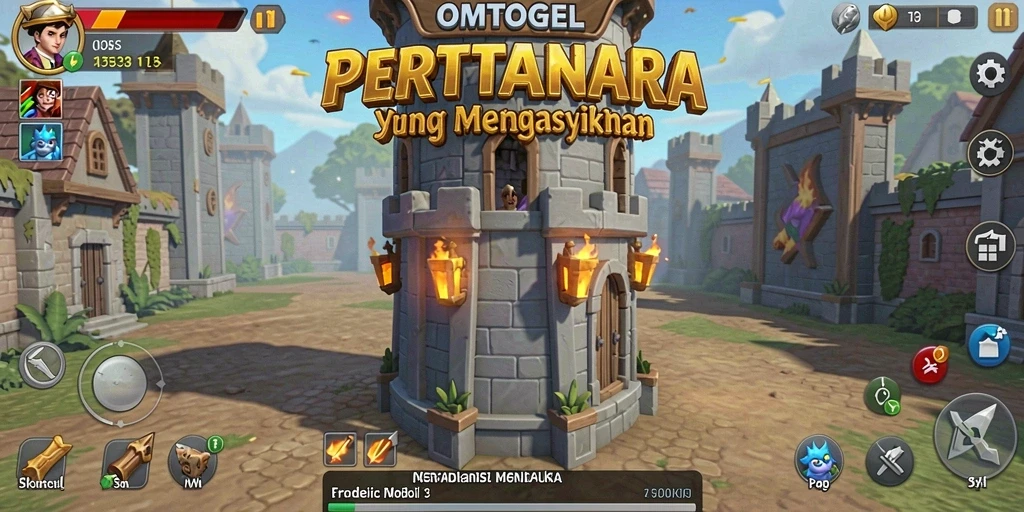 Tampilan gameplay menakjubkan dari OMTOGEL dengan menara pertahanan yang aktif.