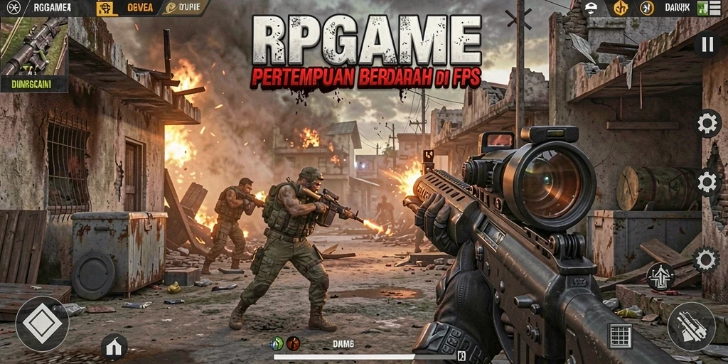 Screenshot RPGAME menampilkan aksi tembak-menembak intens dalam gameplay FPS.