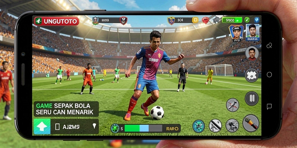 Tangkapan layar utama UNGUTOTO menampilkan aksi mendebarkan di lapangan sepak bola.